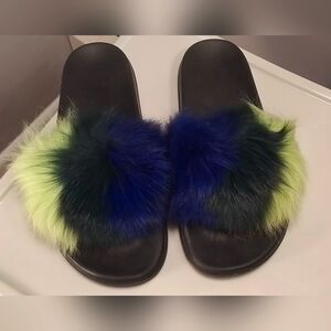 Blue/Black/Yellow faux fur slip-on
